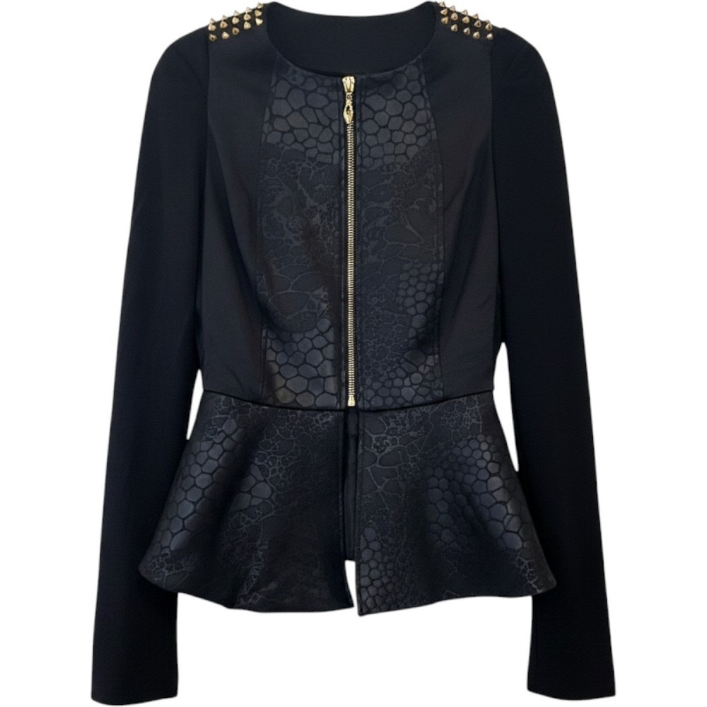 Mark by Avon Black Peplum Jacket Studded Shoulders Snakeskin Print Small